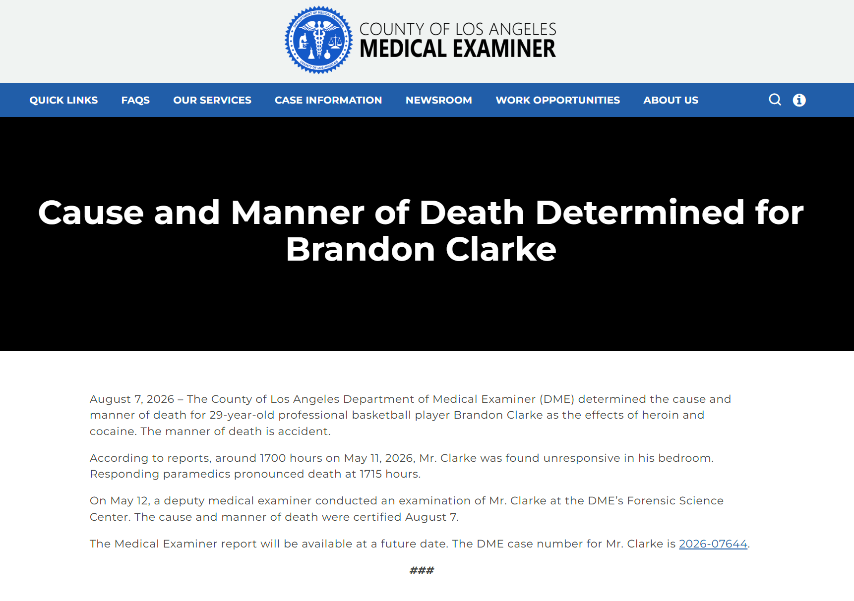 Los Angeles County Department of Medical Examiner press release: cause and manner of death determined for Brandon Clarke